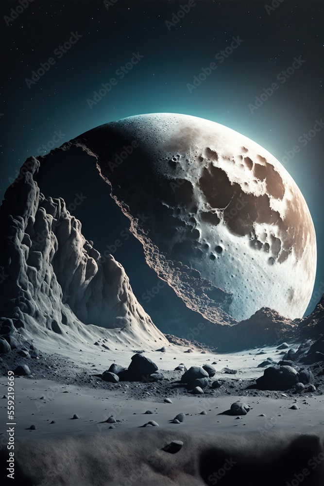 Aufkleber a large moon in the middle of a desert area with rocks and snow on the ground and a sky background w
