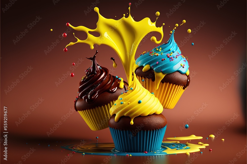 Aufkleber a couple of cupcakes with different colored frosting on them and sprinkles on the top of them and on
