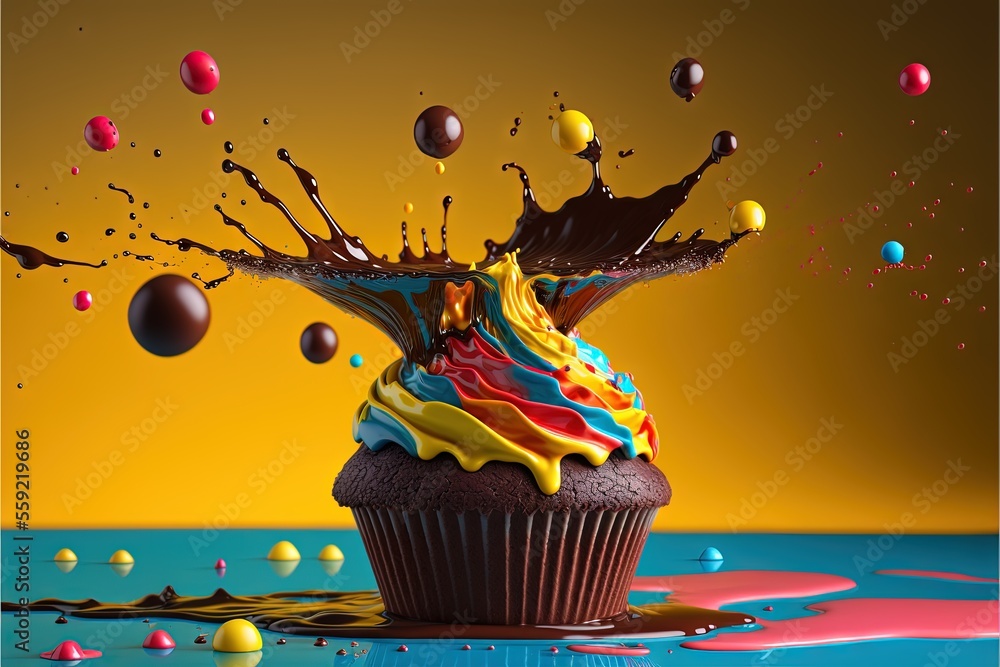Poster a cupcake with a chocolate frosting and colorful icing on top of it with a splash of chocolate on to