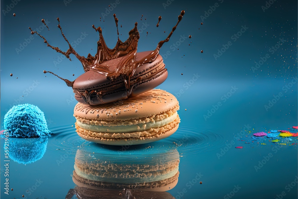 Aufkleber a chocolate doughnut with a splash of chocolate on top of it and a blue background with a reflection
