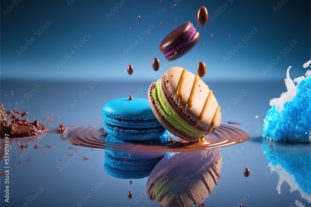 Poster a blue and green macaroni falling into a puddle of water with a blue background and a blue and white