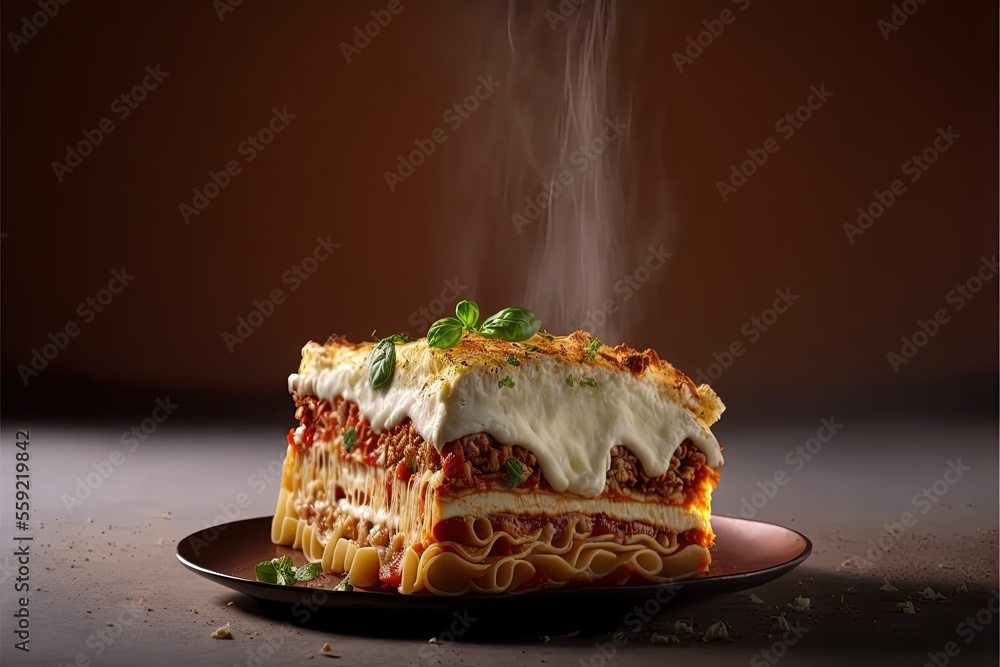 Poster a piece of lasagna with a steaming tomato sauce and basil on top of it on a plate with a brown backg