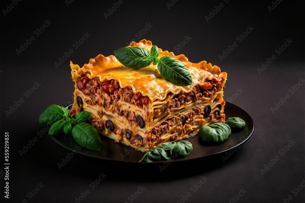 Poster a piece of lasagna on a plate with basil leaves on the side of it and a slice of basil on the side o