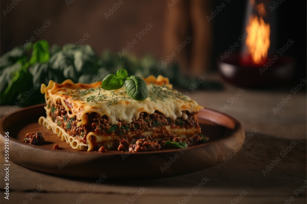 Poster  a plate of lasagna with meat and cheese on it with a fire in the background and a lit candle in the background with a wooden plate on a table with a wooden surface. Generative AI