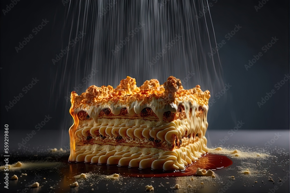 Poster a cake with a lot of sauce on it and a sprinkle of sugar on top of it and a slice of cake on the sid