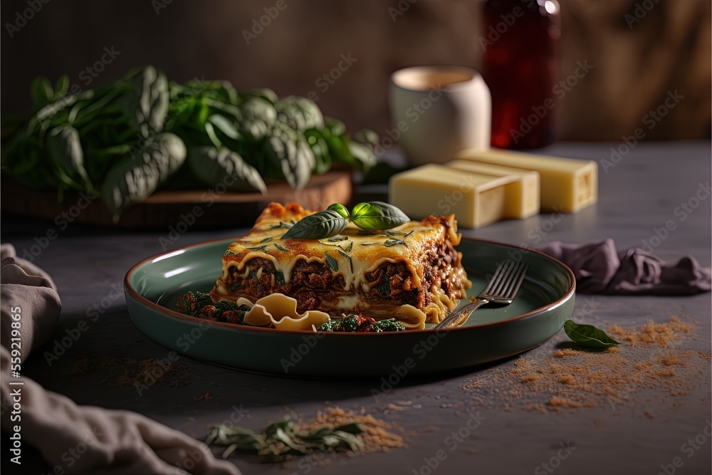 Poster a plate of lasagna with cheese and sauce on it next to a bottle of wine and a knife and fork on a ta