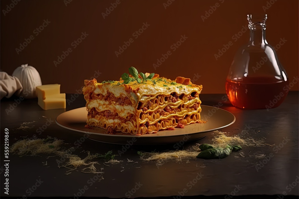 Aufkleber a plate of food with a piece of cake on it and a bottle of wine in the background with a few pieces 