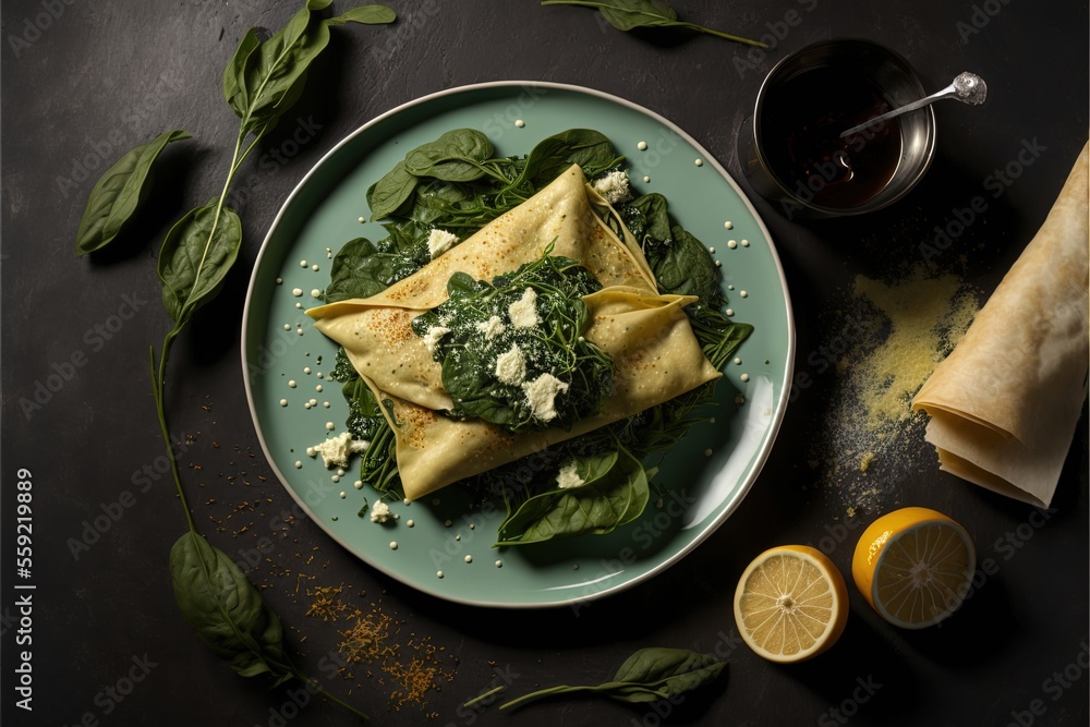 Poster a plate of food with spinach and cheese on it next to a glass of tea and a napkin on a table with a 