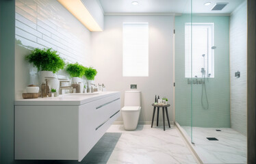 Luxury modern bathroom interior design with glass walk-in shower, spacious large minimal, Stylish vessel sink, mirror, toilet bowl, green plants and shampoos in a hotel, apartment, or house