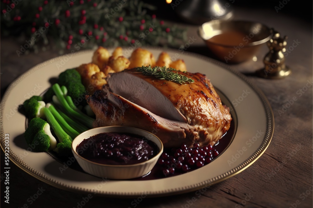 Aufkleber a plate of food with meat, vegetables and sauces on it on a table with a candle and a christmas tree