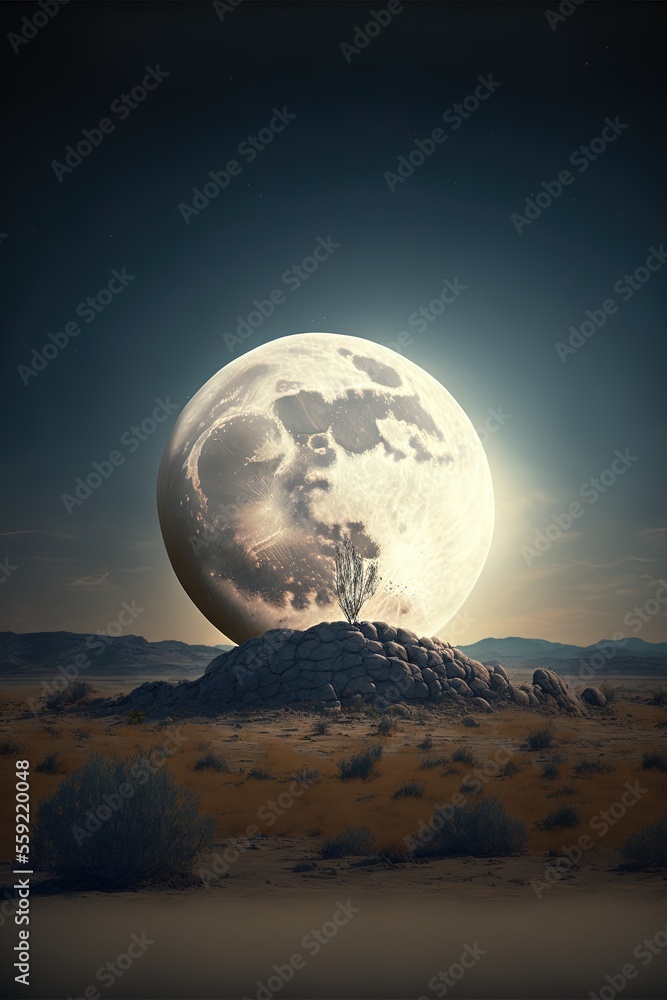 Poster a full moon is seen over a desert landscape with a tree on top of a rock formation in the foreground