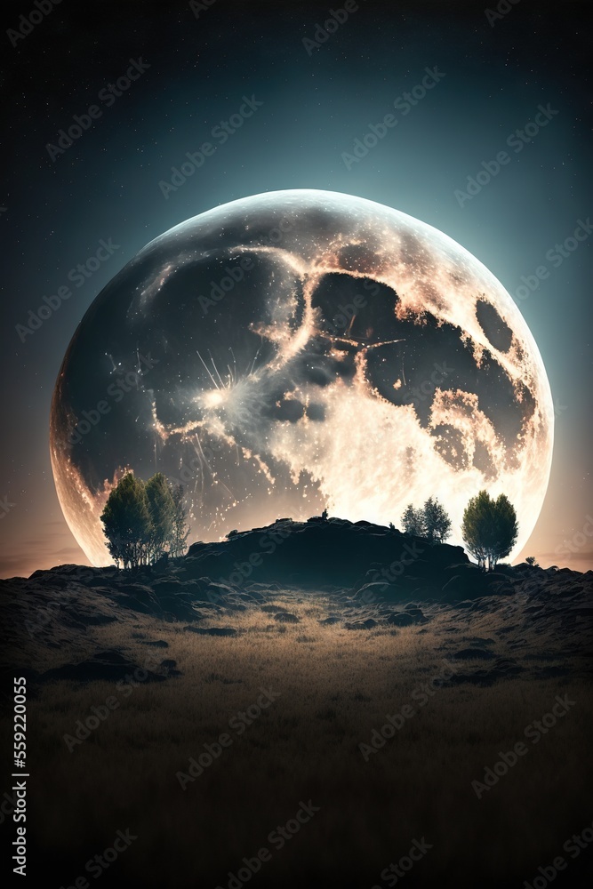 Poster a full moon is seen over a hill with trees on it's side and a sky background with stars and clouds, 
