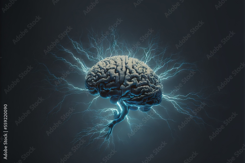 Poster a brain with a lot of electrical wires in it's center and a black background with a blue lightening 