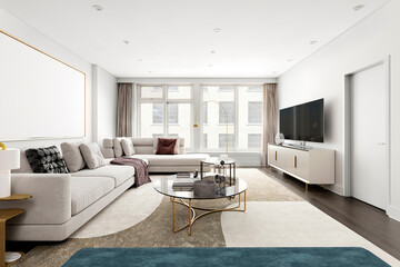 Mock up poster frame in modern interior background, contemporary style, living room, 3D render, 3D illustration