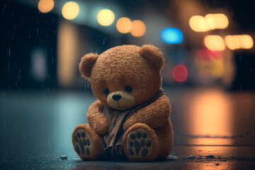 Sad teddy bear sits at night on the street in the rain. Generative AI