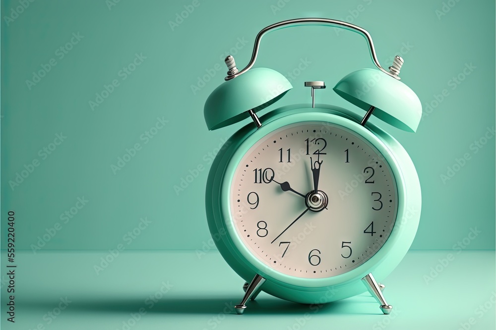 Poster a green alarm clock sitting on top of a table next to a green wall with a clock on it's side and han