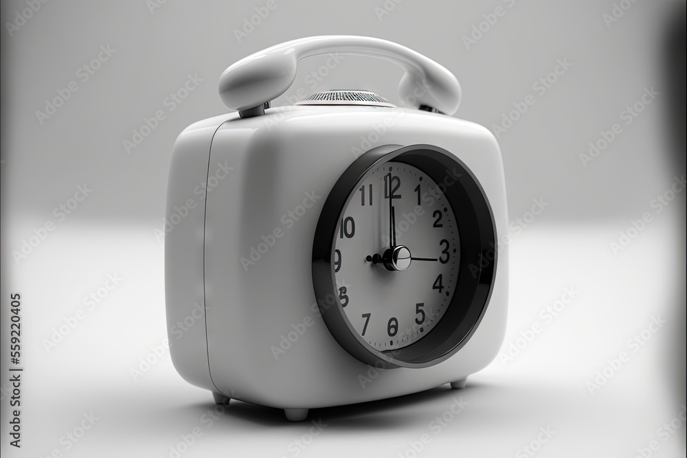 Poster a white clock with a black face on a white background with a shadow of a hand holding a phone in the