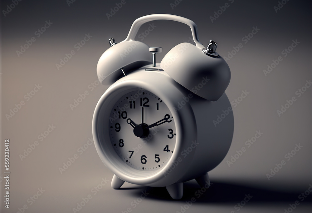 Poster a white alarm clock with a silver bell on it's face and hands on a gray background with a shadow of 