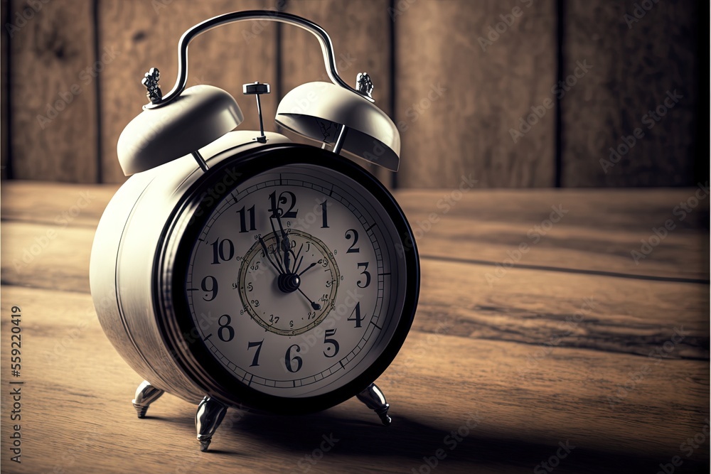 Poster a clock sitting on top of a wooden table next to a wall of wood planks and a door with a window behi