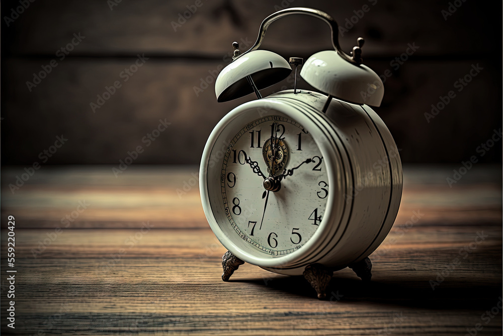 Poster a white alarm clock sitting on top of a wooden table next to a wall with a clock on it's side and a 