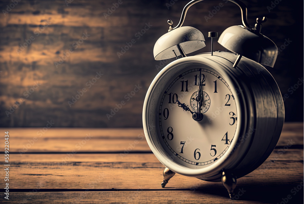 Poster an old fashioned alarm clock on a wooden table with a dark background and a wooden wall behind it, w