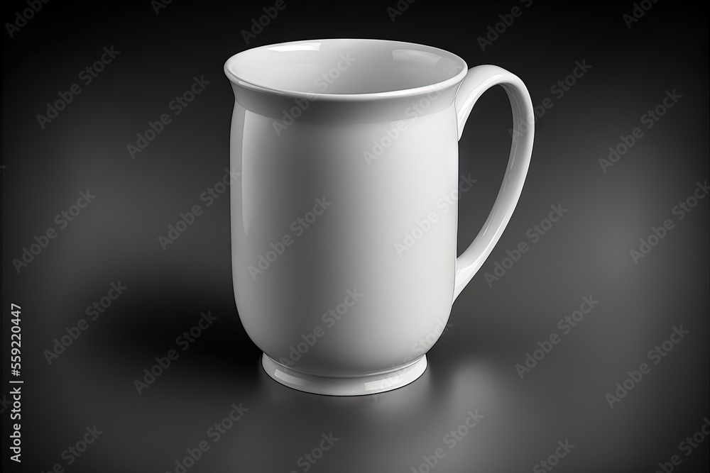 Poster a white mug is sitting on a black surface with a shadow on it and a black background behind it is a 
