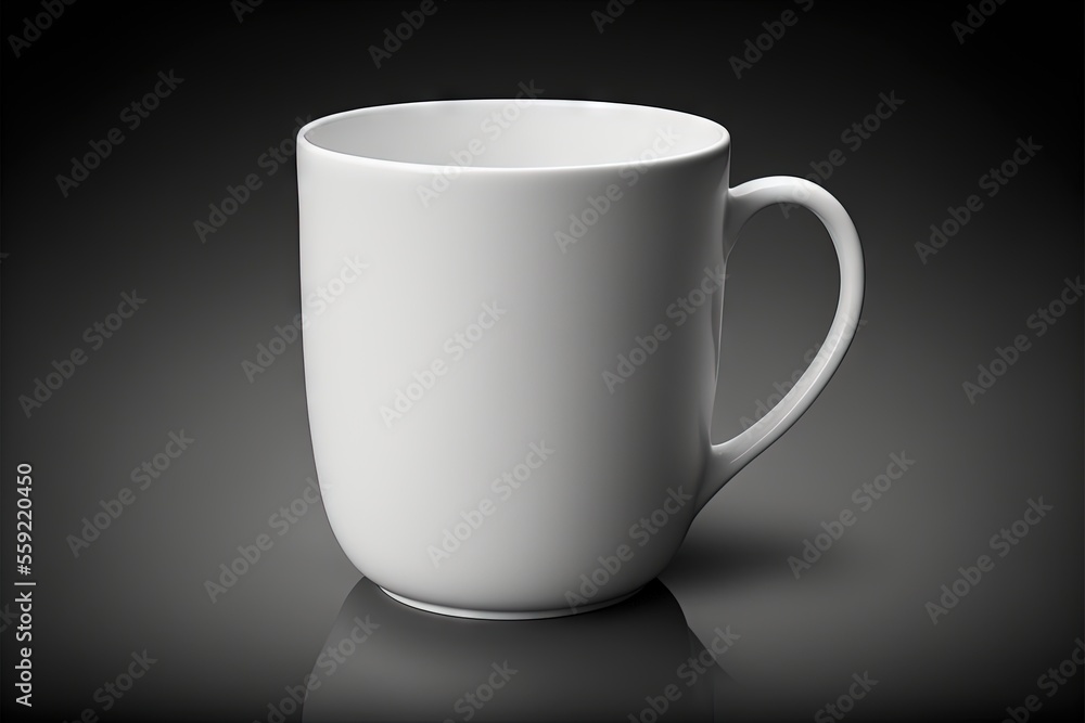 Poster a white coffee cup sitting on top of a table next to a black background with a shadow of the cup on 