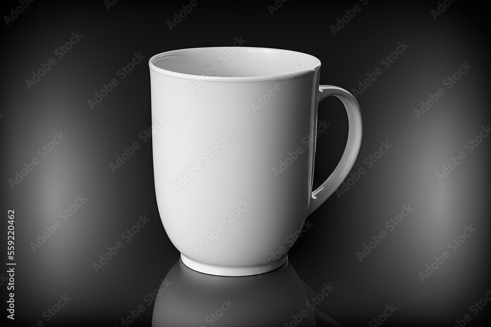 Poster a white cup sitting on top of a table next to a black background with a reflection of the cup on the