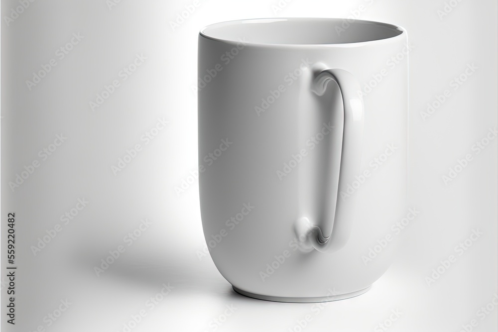 Poster a white coffee cup with a handle on a white background with a shadow of a coffee cup on the side of 