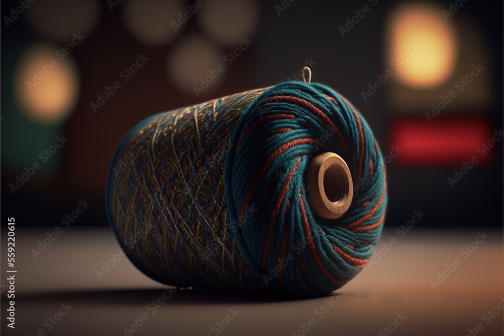 Poster a ball of yarn sitting on top of a table next to a ball of yarn on the floor and a light in the back