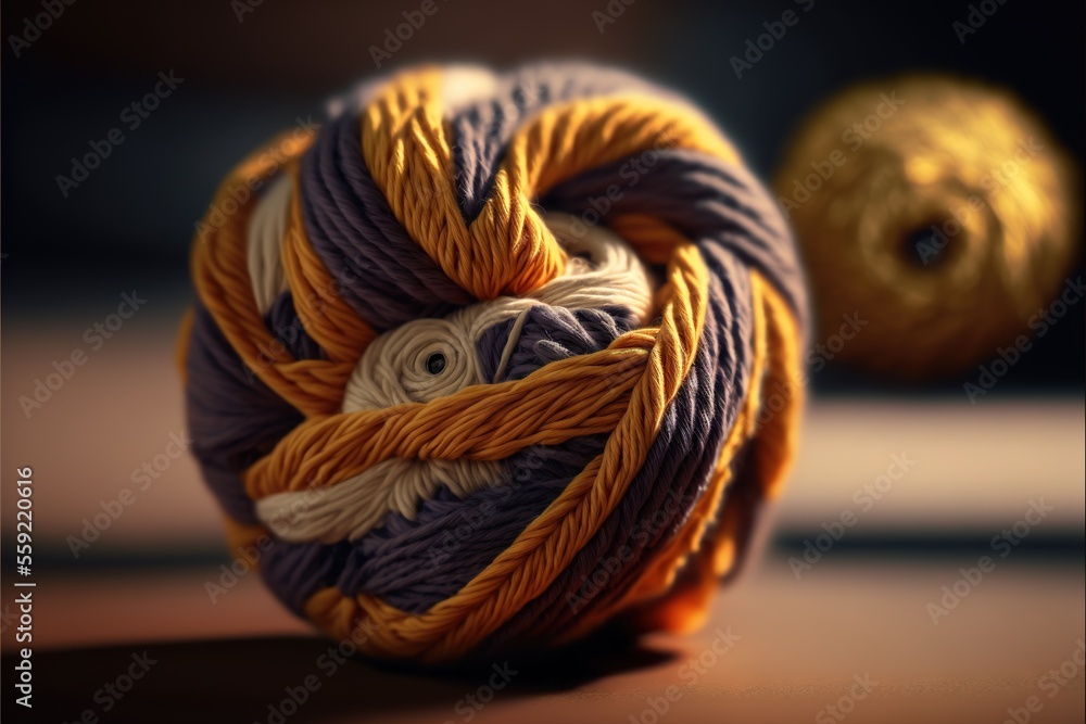 Poster a ball of yarn with a bird on it and two balls of yarn in the background with a blurry background of