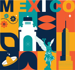 Mexico City culture travel set, famous architectures and specialties in flat design. Business Mexican tourism concept clipart. Image for presentation, banner, website, advert, flyer, roadmap, icons
