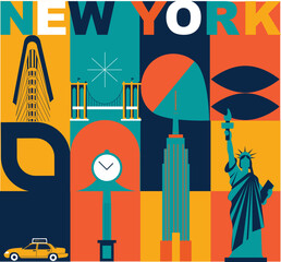 New York culture travel set, famous architectures and specialties in flat design. Business US tourism concept clipart. Image for presentation, banner, website, advert, flyer, roadmap, icons