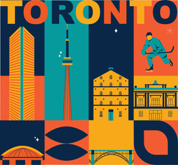 Typography word Toronto branding technology concept. Collection of flat vector web icons. Canadian culture travel set, architectures, specialties detailed silhouette. Doodle American famous landmark