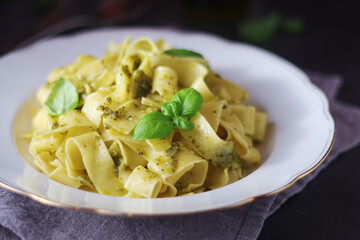 Tagliatelle pasta with pesto sauce	
