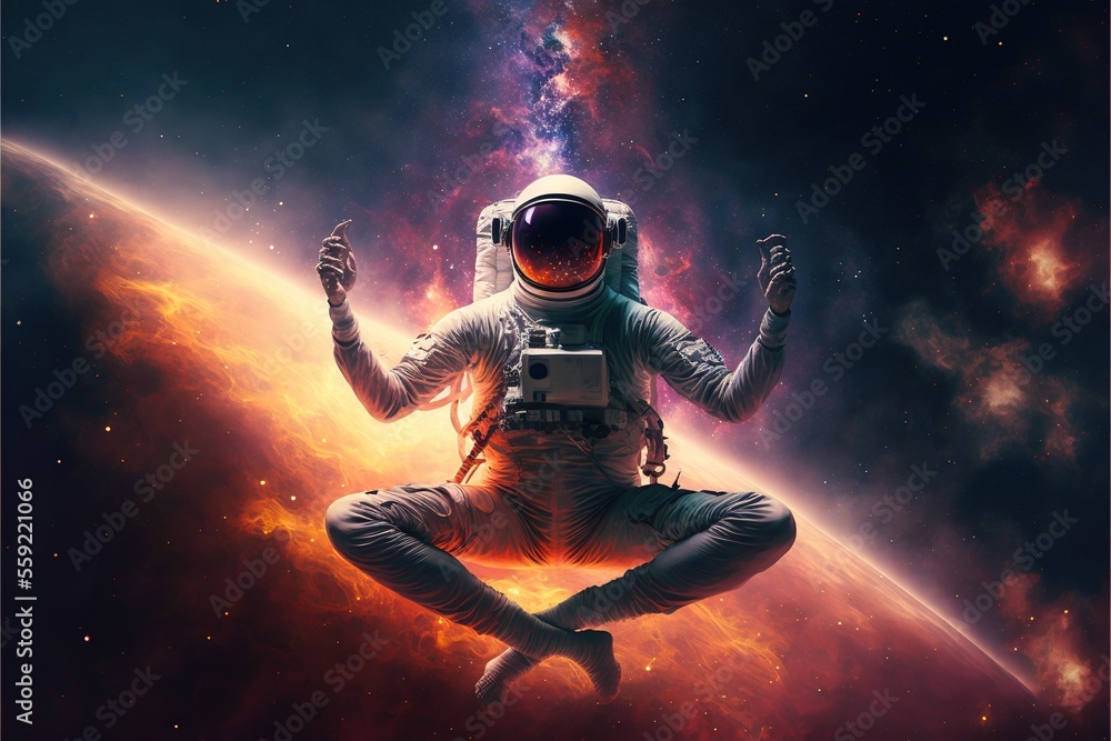 Poster a man in a space suit sitting in the middle of a space with a planet in the background and a bright 