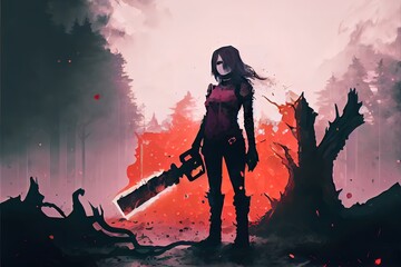 Obraz na płótnie Canvas Militant strong girl with a chainsaw