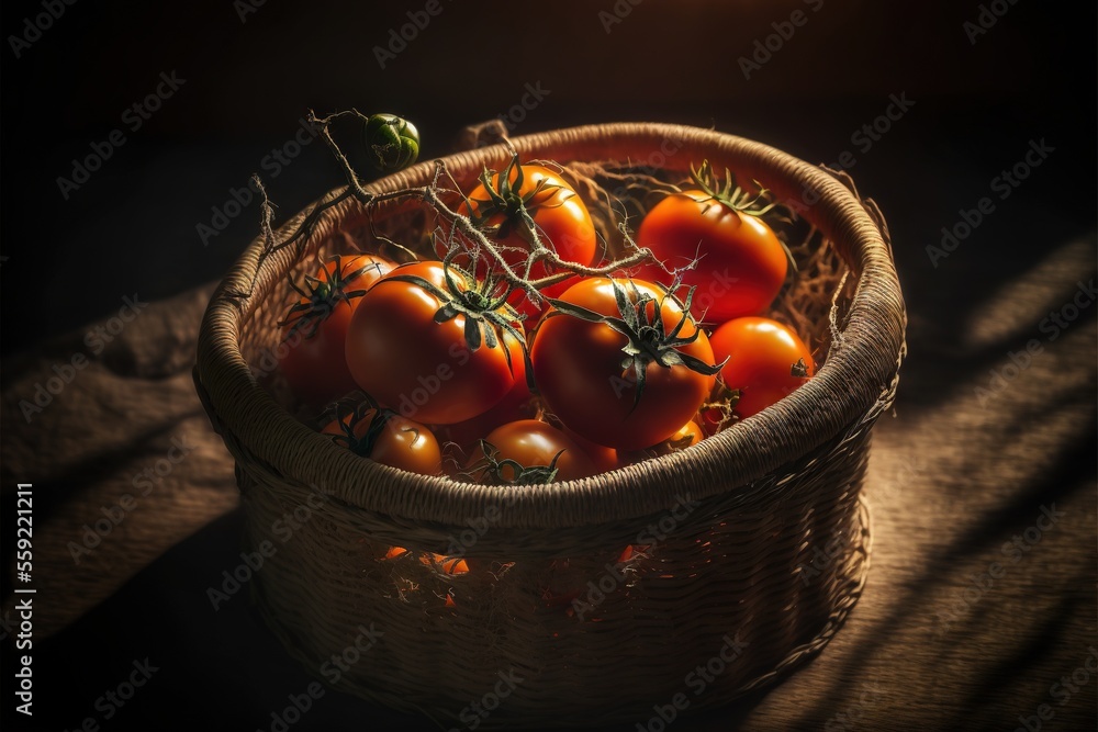 Poster a basket of tomatoes on a table with a shadow on the ground behind it and a light shining on the bas