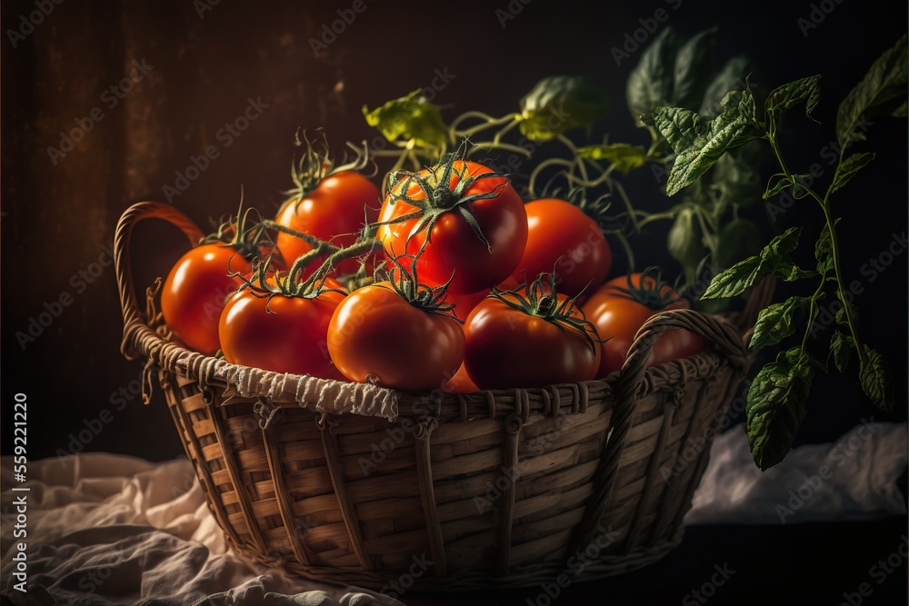 Poster a basket of tomatoes and basil on a table cloth with a cloth under it and a dark background behind i