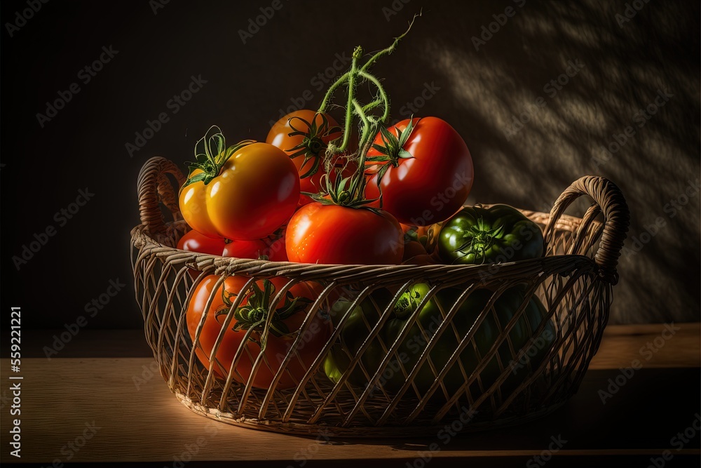 Poster a basket of tomatoes and peppers on a table top with a shadow of a wall behind it and a shadow of a 