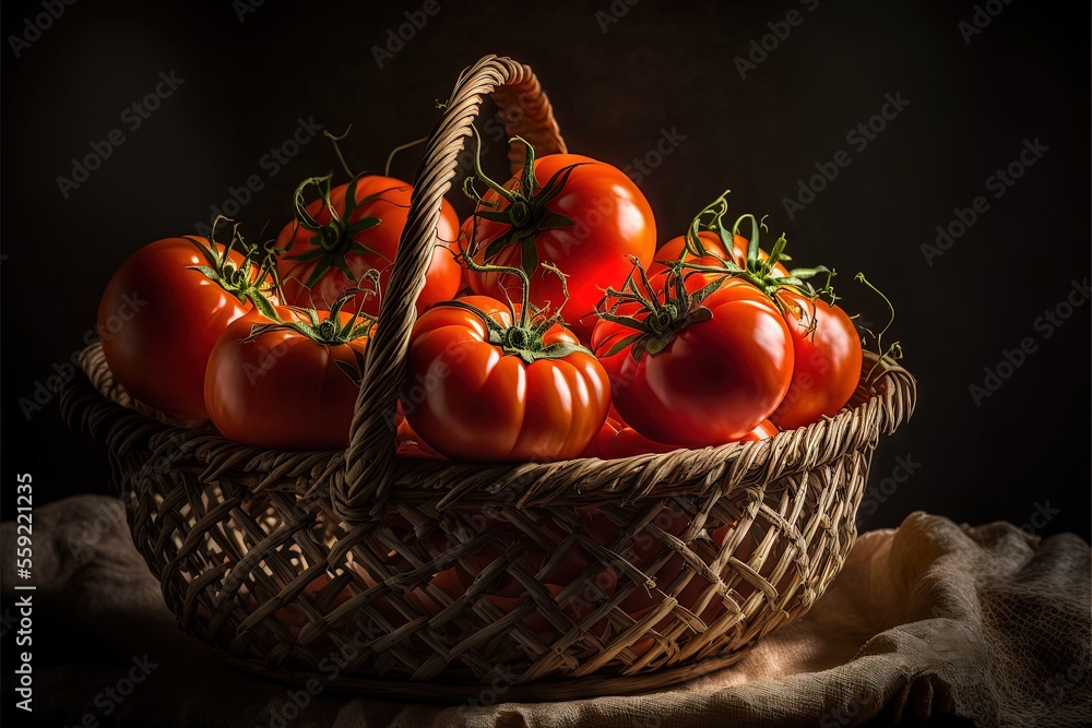 Poster a basket of tomatoes on a table with a cloth on it and a cloth bag in the background with a cloth ba