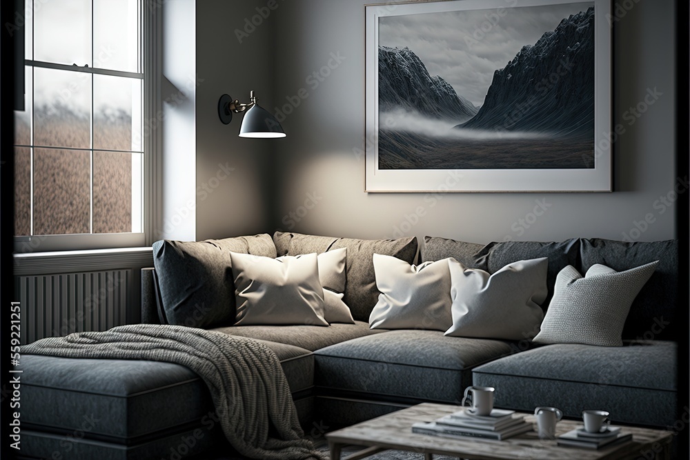 Poster a living room with a couch and a coffee table in it and a painting on the wall above it that has a m