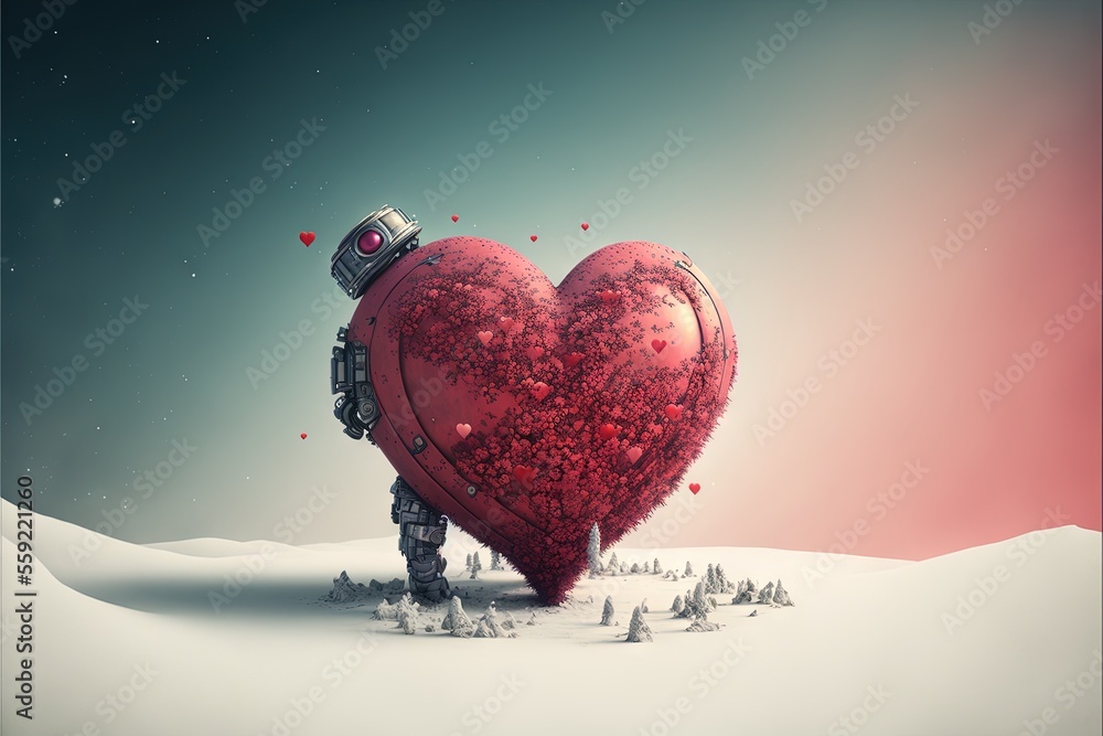 Poster a heart shaped object in the middle of a snowy landscape with trees and a sky background with stars 
