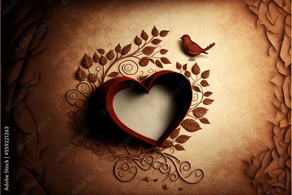 Poster a heart shaped frame with a bird on it and a branch with leaves and leaves around it, with a bird on