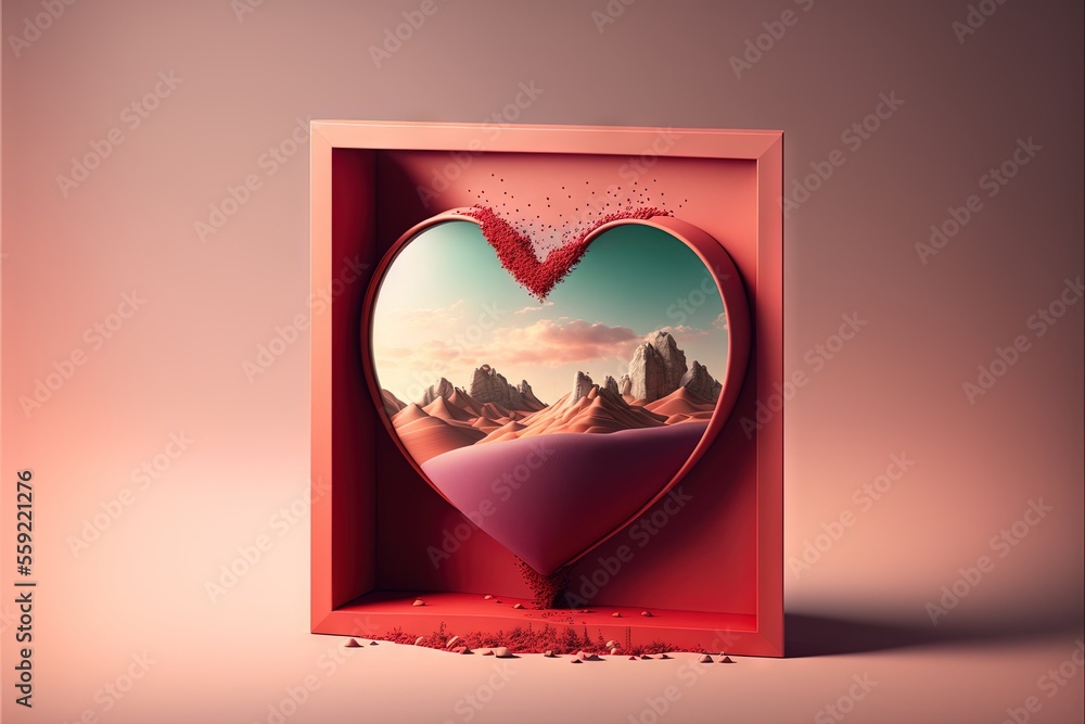 Poster a heart shaped box with a landscape inside of it and a red heart in the middle of the box, with a pi