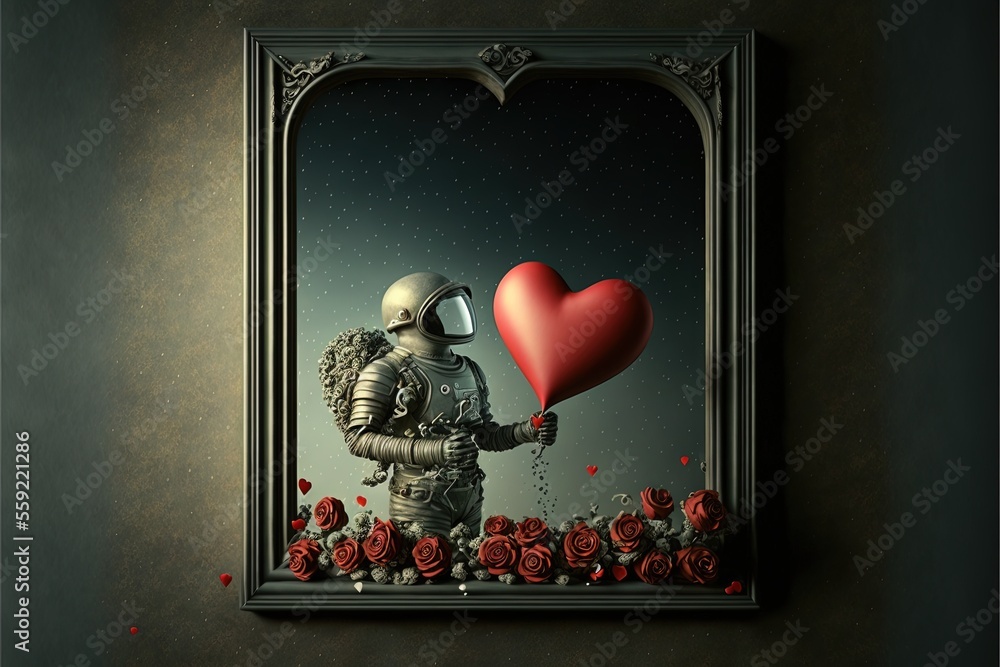 Poster a painting of a man holding a heart balloon in a frame with roses on the floor and a red heart in th