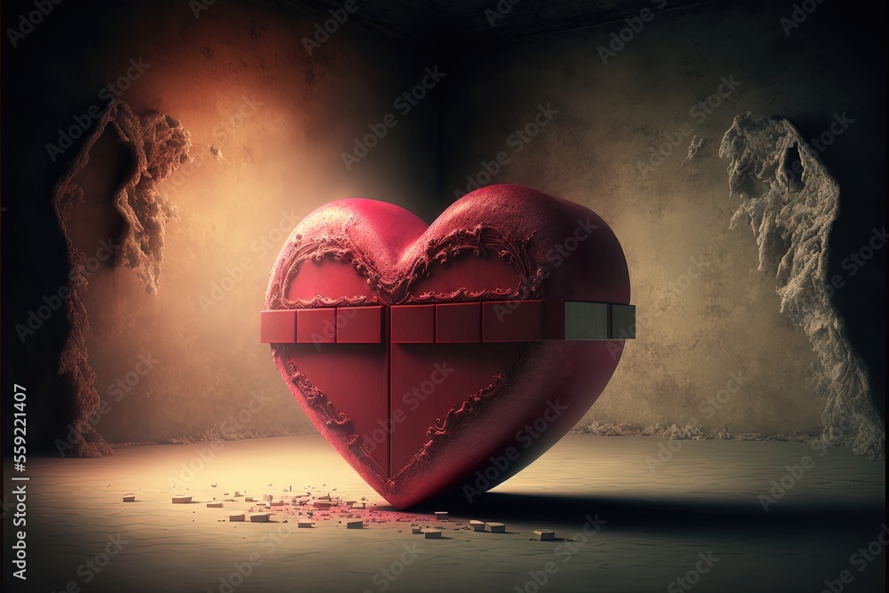 Aufkleber a heart shaped box with a hole in the middle of it and a crack in the wall behind it, with a crack i