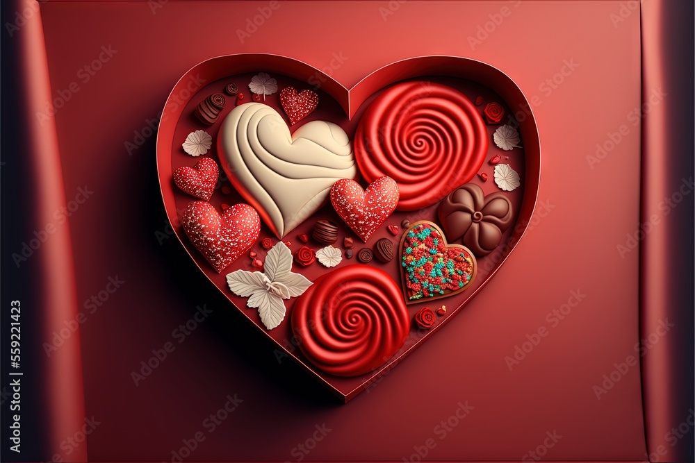 Poster a heart shaped box filled with candy and candies on a red background with a bow of ribbon and a bow 