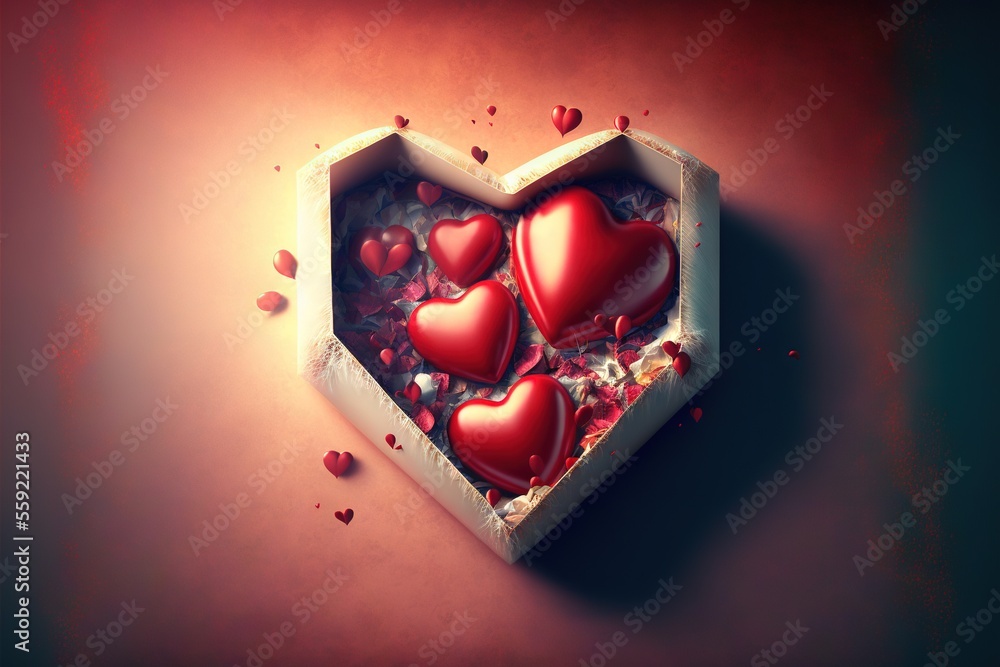 Poster a heart shaped box filled with red hearts on a red background with a hole in the middle of the box a