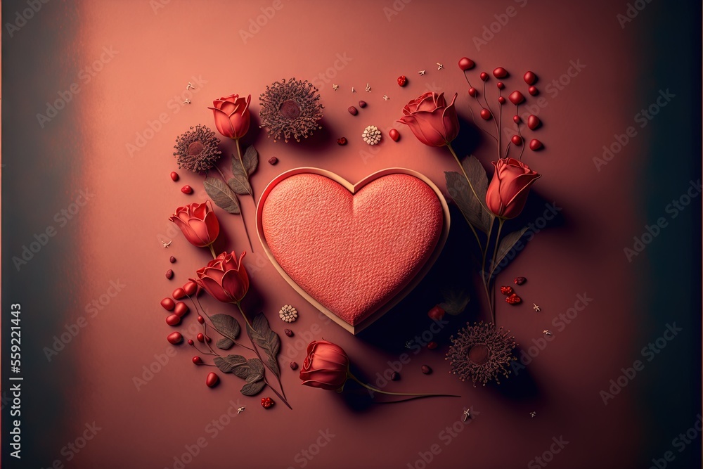 Poster a heart shaped box with flowers and leaves around it on a red background with a red background and a